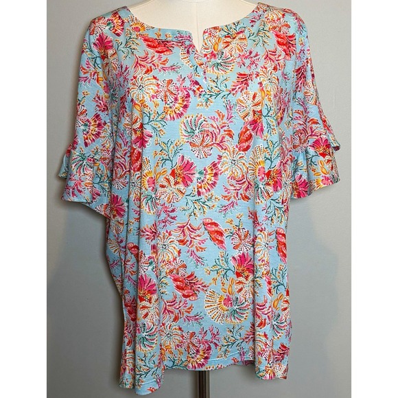 Stella Parker Collection Tops - Stella Parker Collection Blue Floral Round Neck Ruffle Sleeve Blouse XL NWT